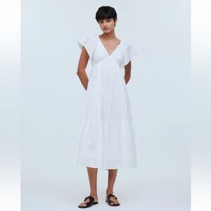 Madewell Tie Back Flutter Sleeve Tiered Midi Dress White Cottagecore 6 NEW